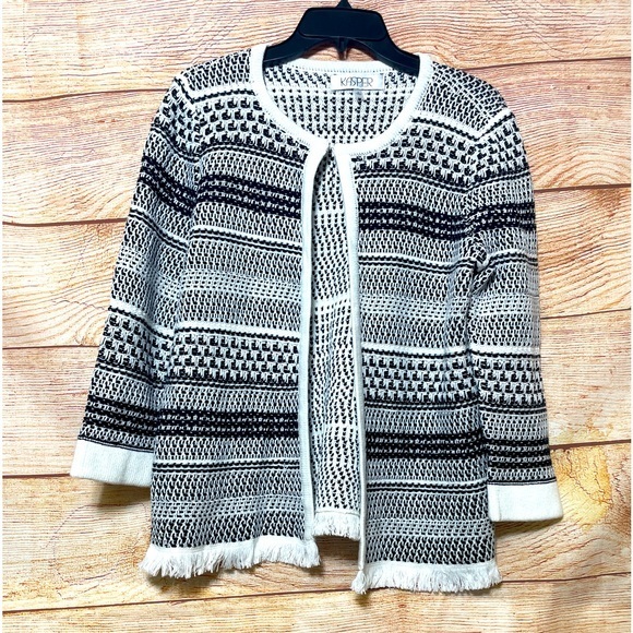 KASPER Blqck White Stripe Knit Open  Front Cardigan Sweater Small Fringe Hem‎ - Picture 5 of 9